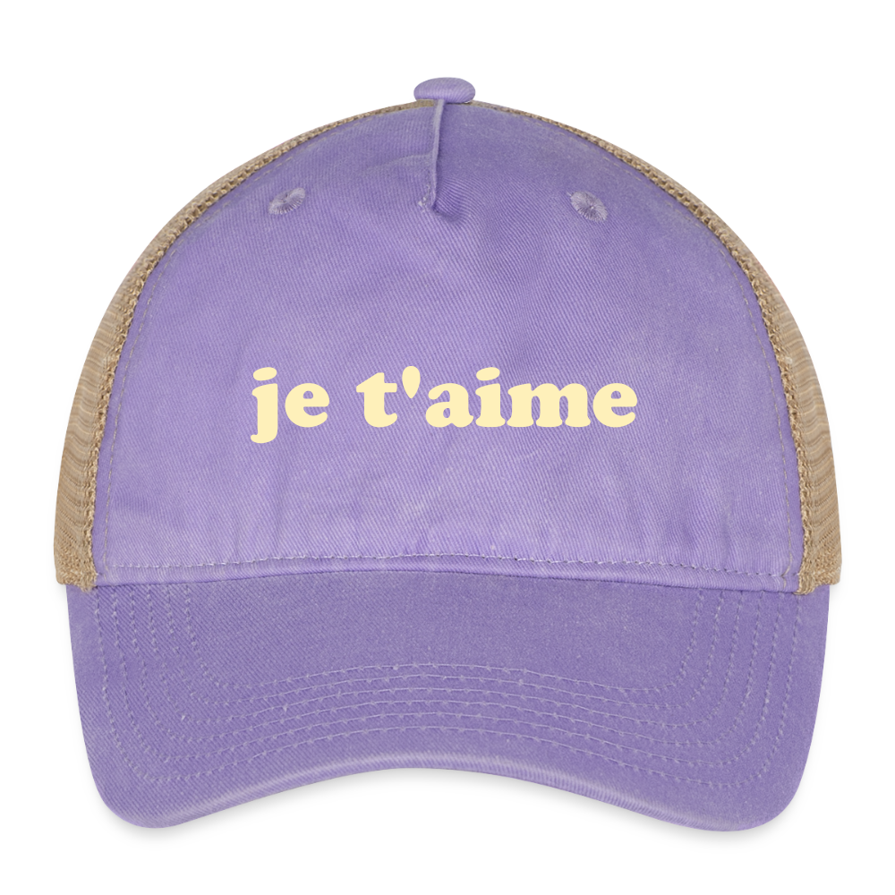 je t'aime Pigment Dyed Trucker Hat - washed purple/beige