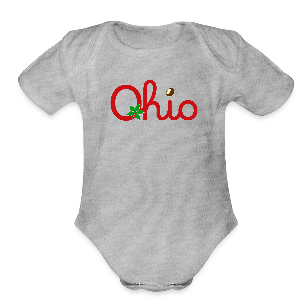 Ohio Script Left Nut Baby Organic Short Sleeve Baby Bodysuit - heather grey