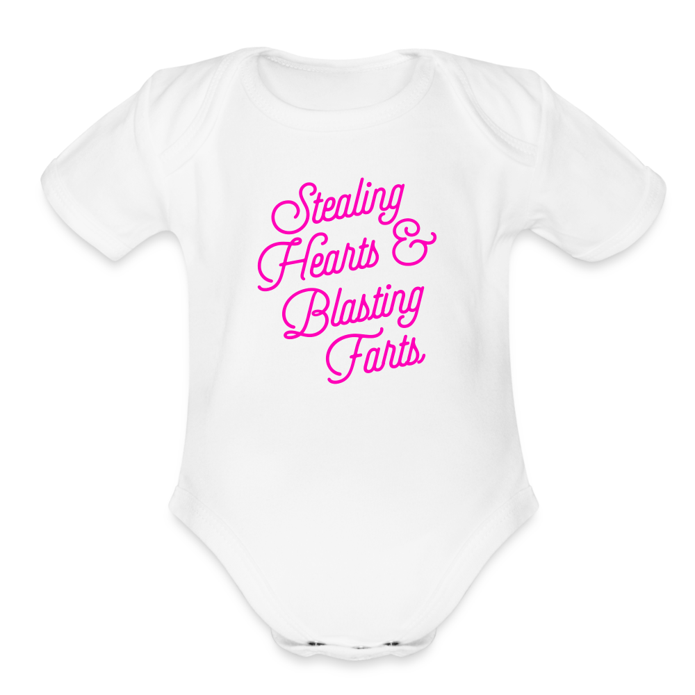 Stealing Hearts & Blasting Farts Organic Short Sleeve Baby Bodysuit - white