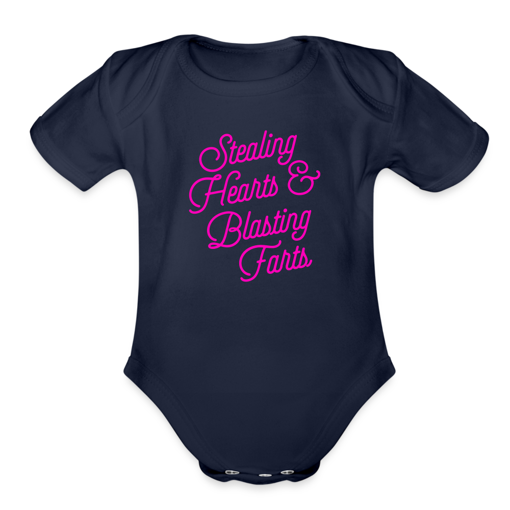 Stealing Hearts & Blasting Farts Organic Short Sleeve Baby Bodysuit - dark navy