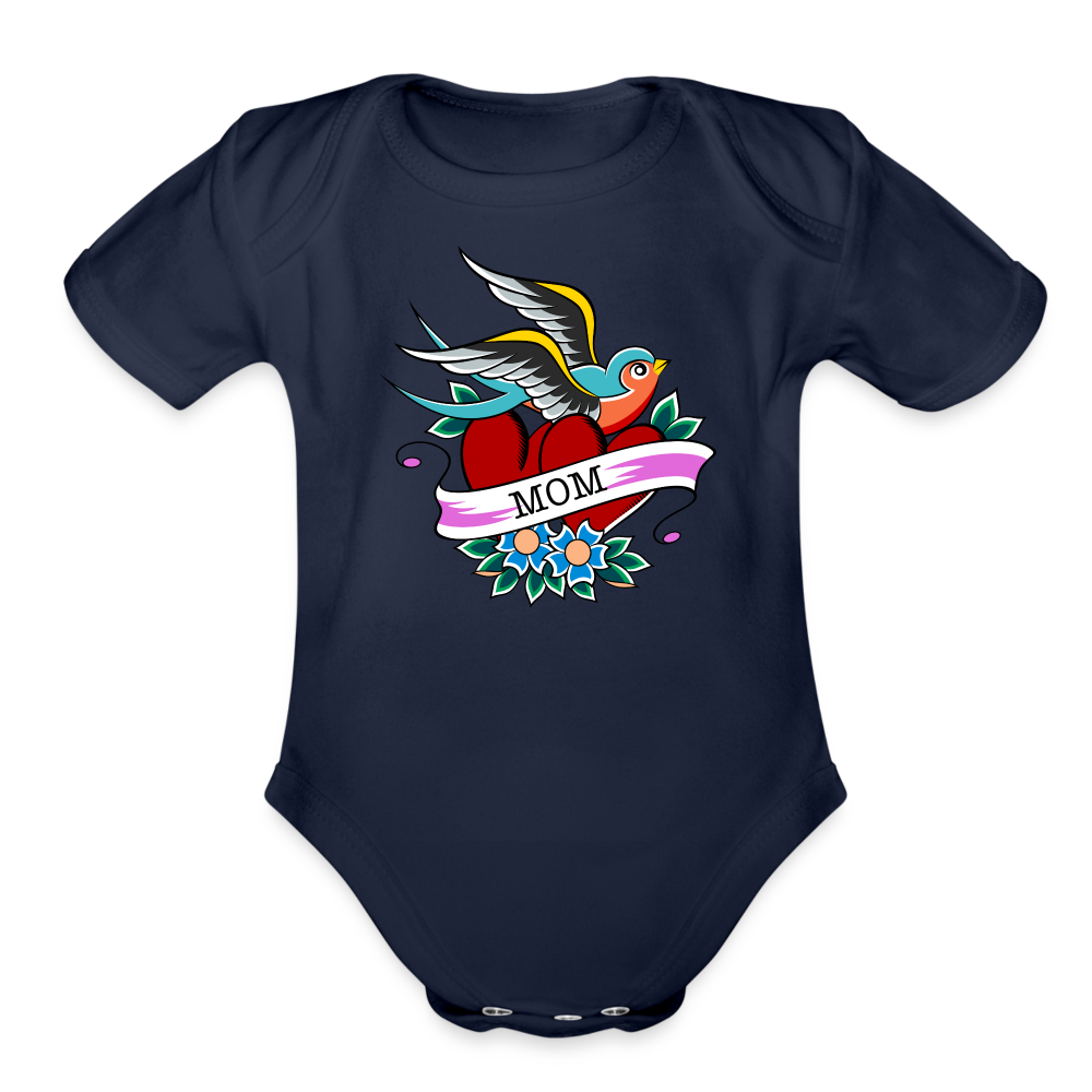 Mom Tattoo Organic Short Sleeve Baby Bodysuit - dark navy