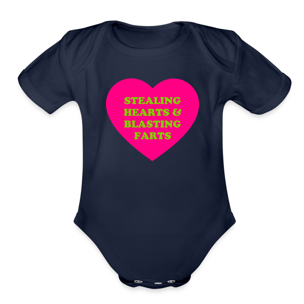 Stealing Hearts and Blasting Farts Organic Short Sleeve Baby Bodysuit - dark navy