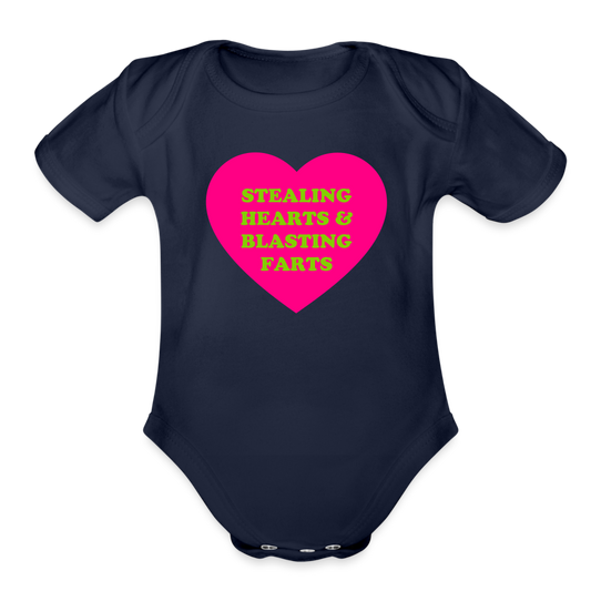 Stealing Hearts and Blasting Farts Organic Short Sleeve Baby Bodysuit - dark navy