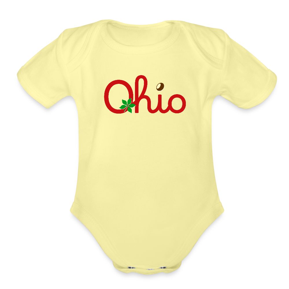 Ohio Script Left Nut Baby Organic Short Sleeve Baby Bodysuit - washed yellow