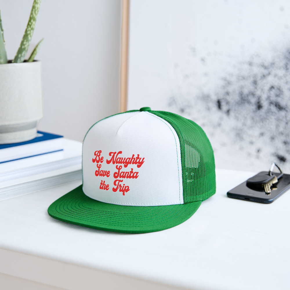 Be Naughty Save Santa the Trip Trucker Hat - white/kelly green