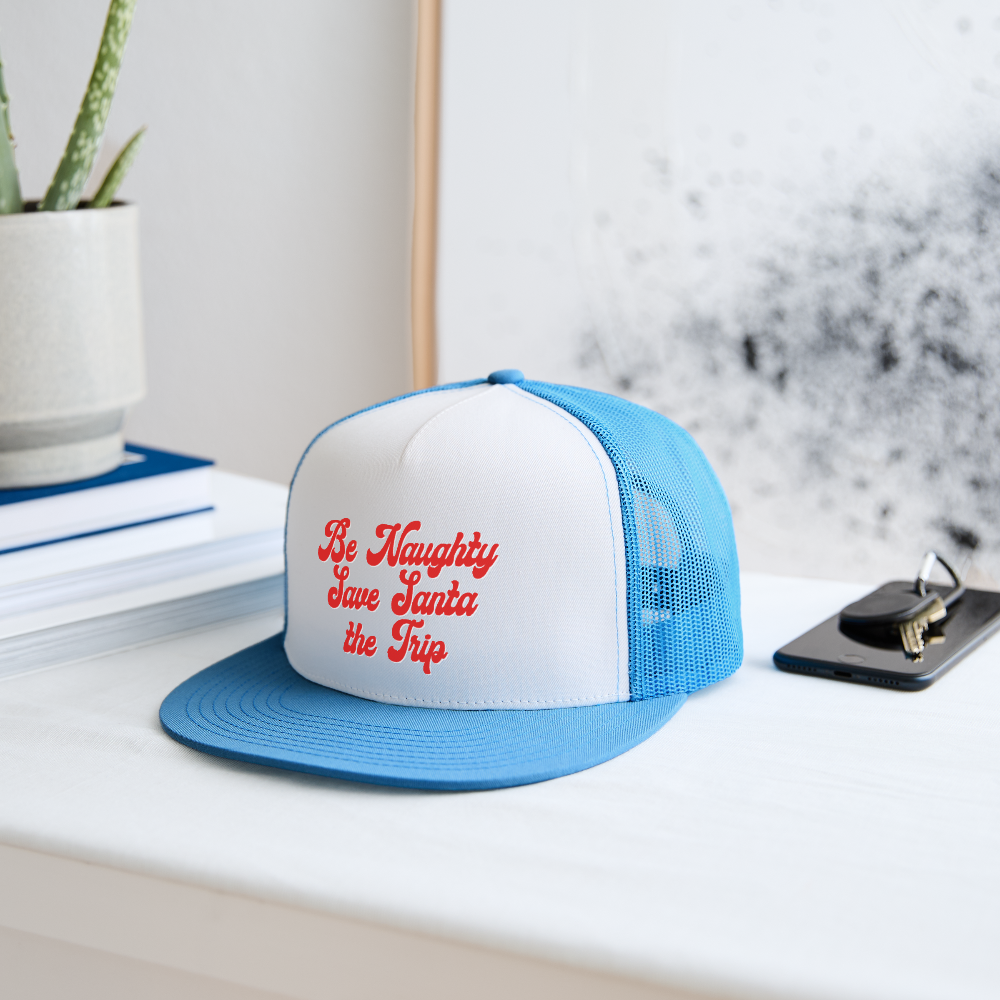 Be Naughty Save Santa the Trip Trucker Hat - white/blue