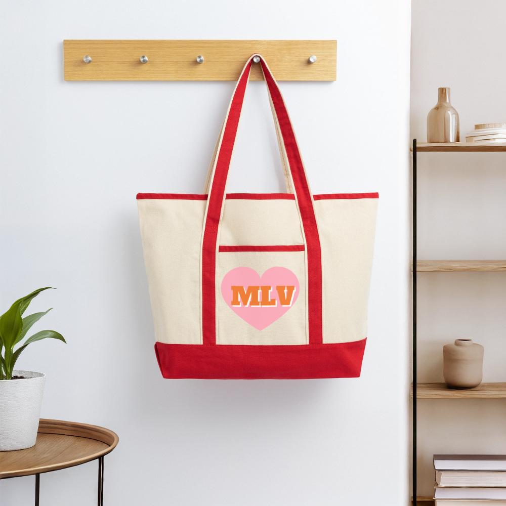 Monogrammed Large Canvas Deluxe Tote - Natural/Classic Red