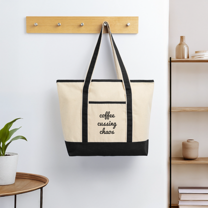 Coffee Cussing Chaos Large Canvas Deluxe Tote - Natural/Black