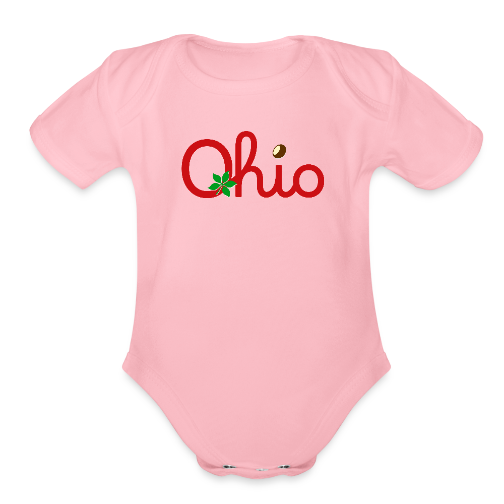 Ohio Script Left Nut Baby Organic Short Sleeve Baby Bodysuit - light pink