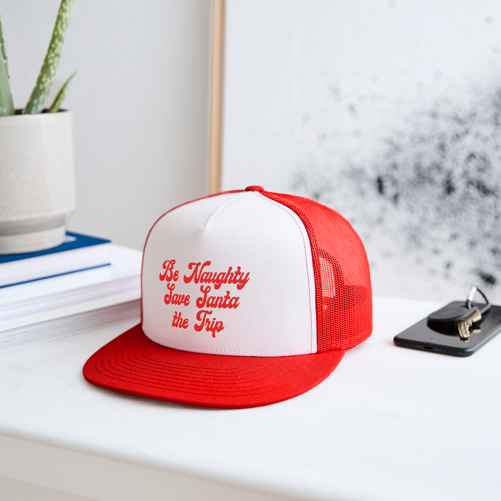 Be Naughty Save Santa the Trip Trucker Hat - white/red