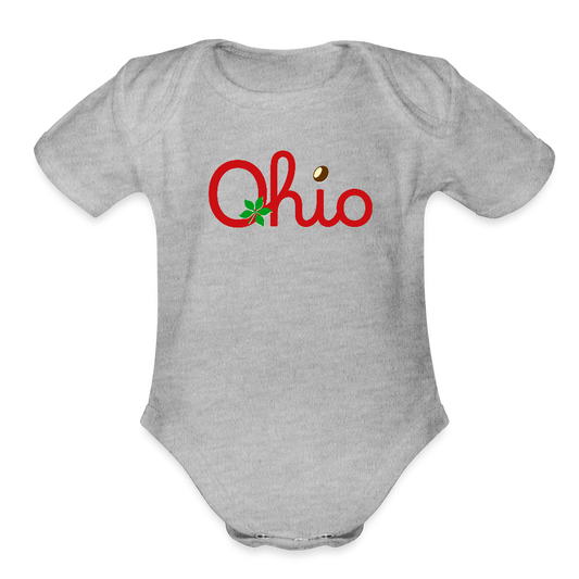 Ohio Script Left Nut Baby Organic Short Sleeve Baby Bodysuit - heather grey