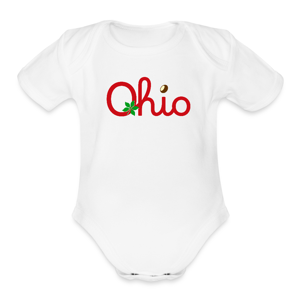 Ohio Script Left Nut Baby Organic Short Sleeve Baby Bodysuit - white