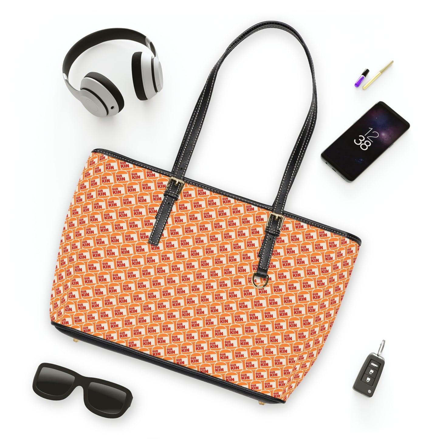 Burkin Orange Pattern PU Leather Shoulder Bag