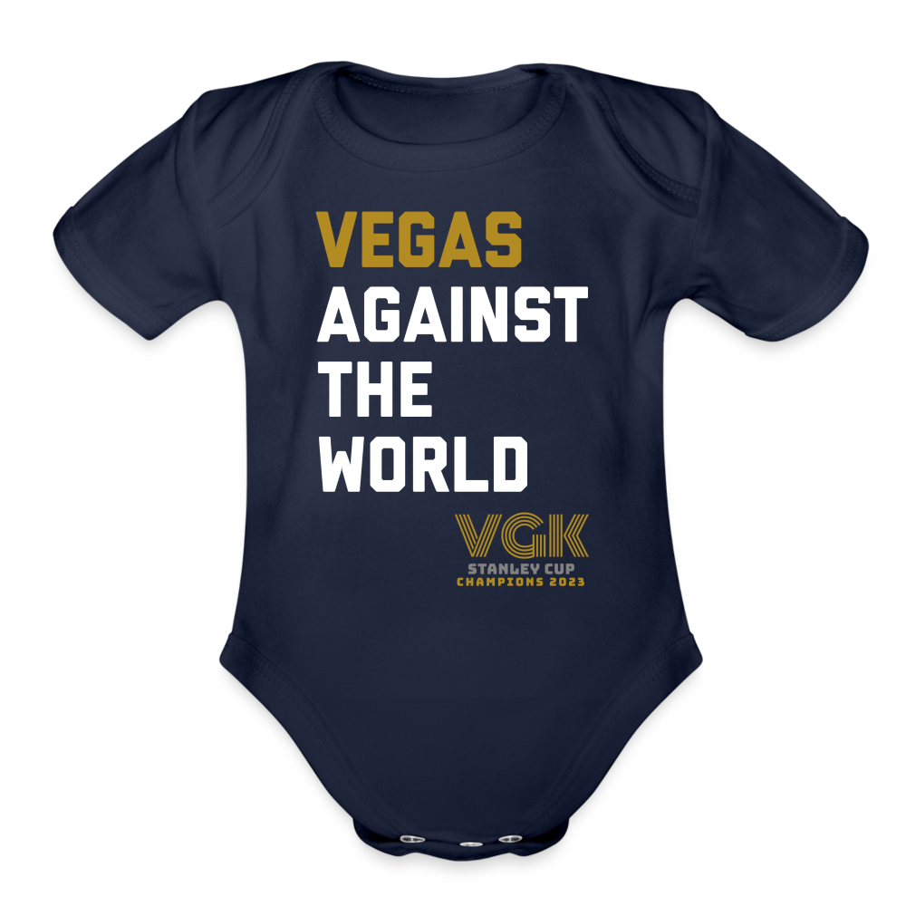 Vegas Against The World VGK Stanley Cup Champs 2023 Organic Short Sleeve Baby Bodysuit - dark navy