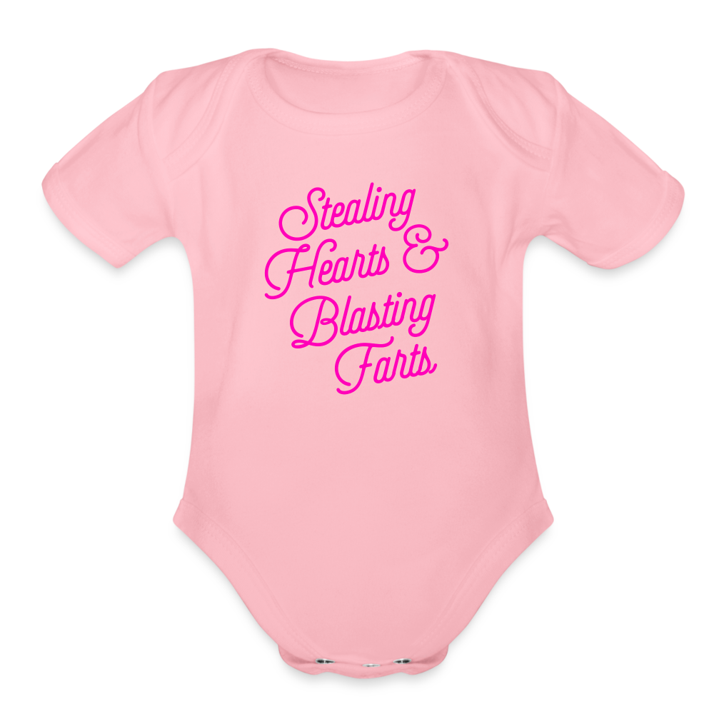 Stealing Hearts & Blasting Farts Organic Short Sleeve Baby Bodysuit - light pink