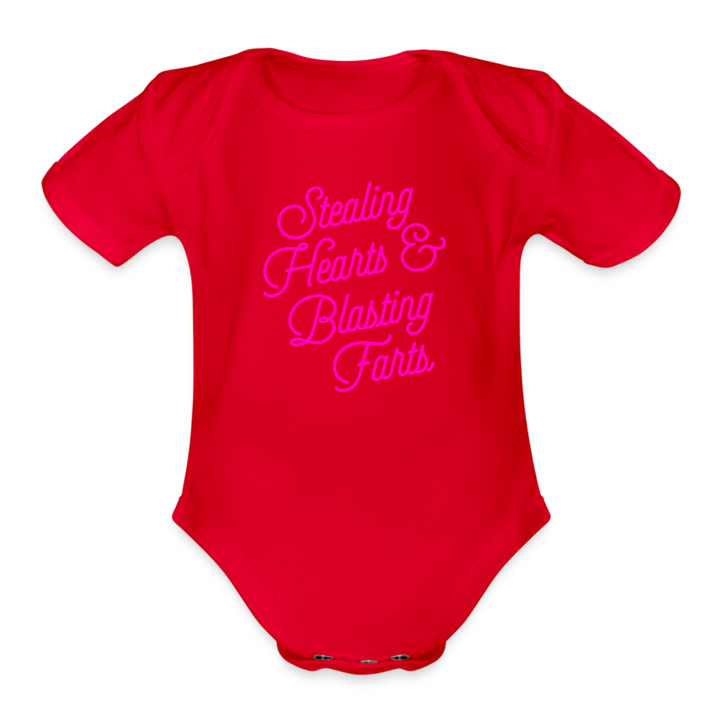 Stealing Hearts & Blasting Farts Organic Short Sleeve Baby Bodysuit - red