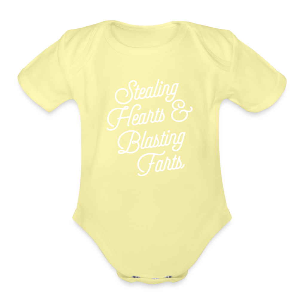 Stealing Hearts & Blasting Farts Organic Short Sleeve Baby Bodysuit - washed yellow