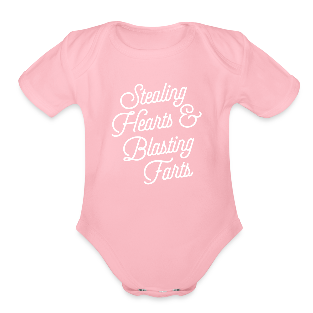 Stealing Hearts & Blasting Farts Organic Short Sleeve Baby Bodysuit - light pink