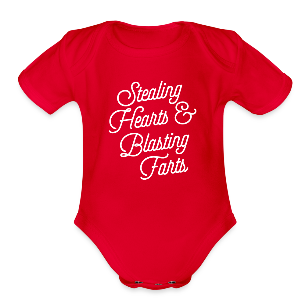 Stealing Hearts & Blasting Farts Organic Short Sleeve Baby Bodysuit - red