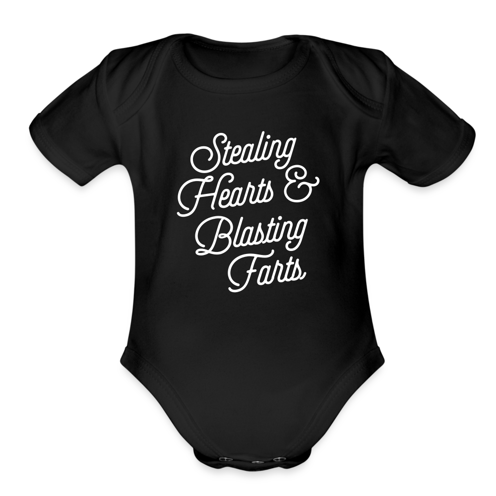 Stealing Hearts & Blasting Farts Organic Short Sleeve Baby Bodysuit - black