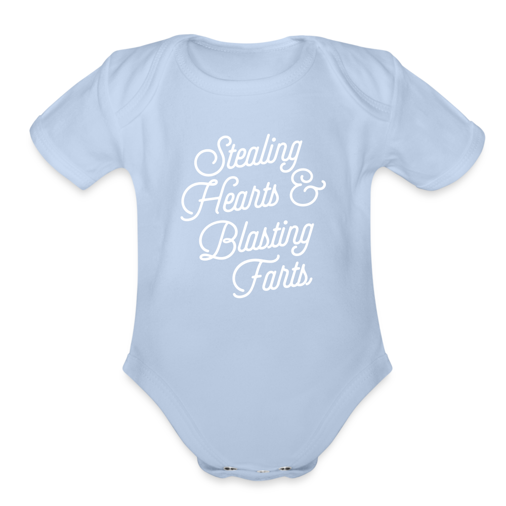 Stealing Hearts & Blasting Farts Organic Short Sleeve Baby Bodysuit - sky