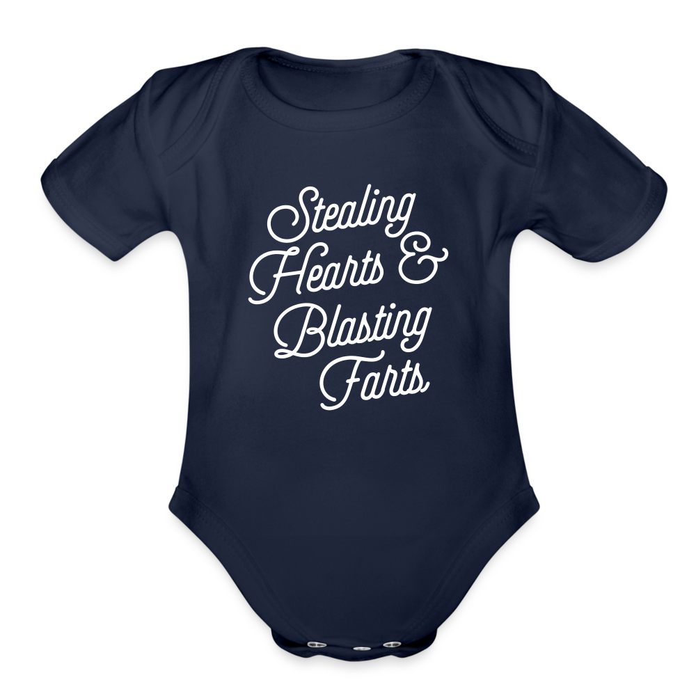 Stealing Hearts & Blasting Farts Organic Short Sleeve Baby Bodysuit - dark navy