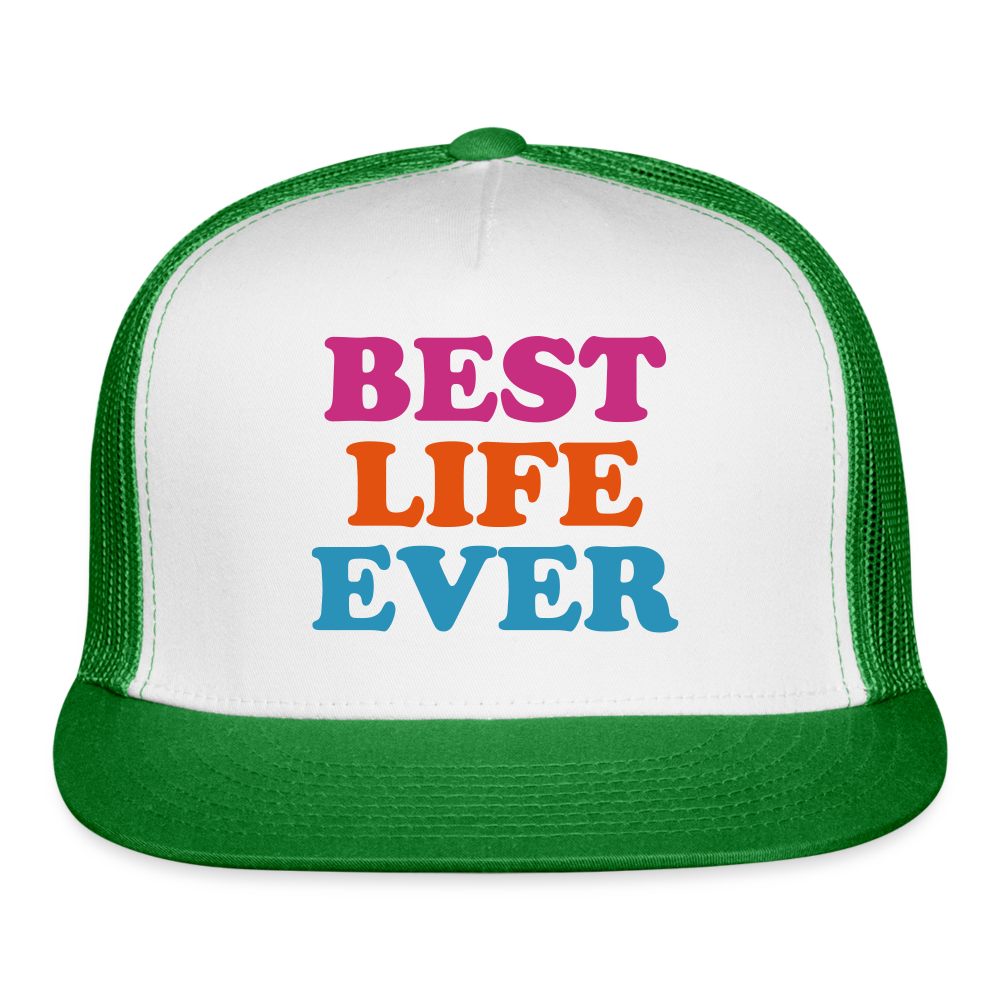 Best Life Ever Trucker Cap Velvet Print - white/kelly green