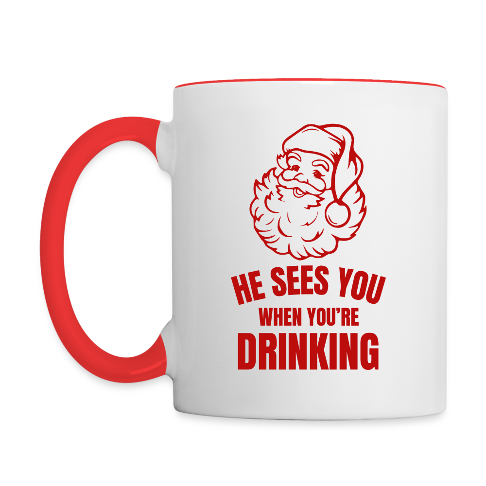 He Sees You When You're Drinking Santa Contrast Coffee Mug - white/red