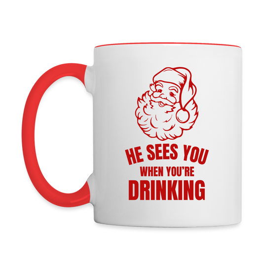 He Sees You When You're Drinking Santa Contrast Coffee Mug - white/red