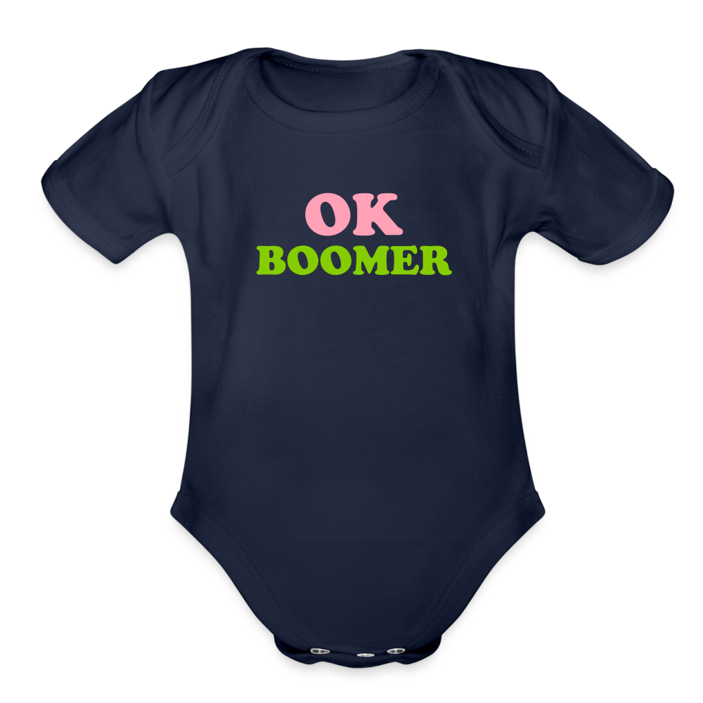 OK Boomer Organic Short Sleeve Baby Bodysuit - dark navy