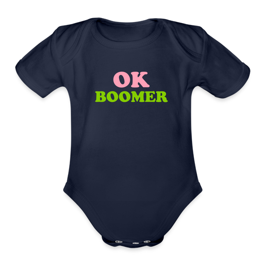 OK Boomer Organic Short Sleeve Baby Bodysuit - dark navy