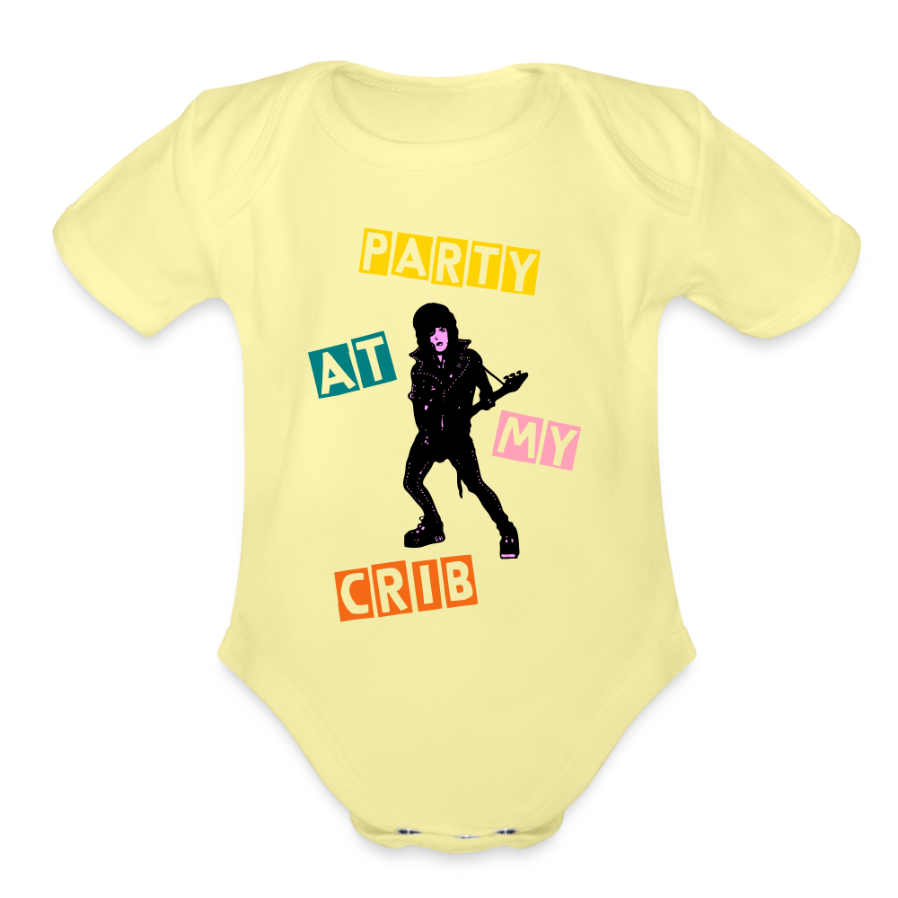 Party at My Crib Organic Short Sleeve Baby Bodysuit - washed yellow