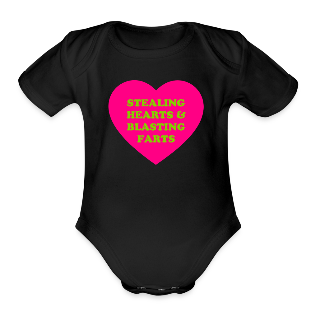 Stealing Hearts and Blasting Farts Organic Short Sleeve Baby Bodysuit - black