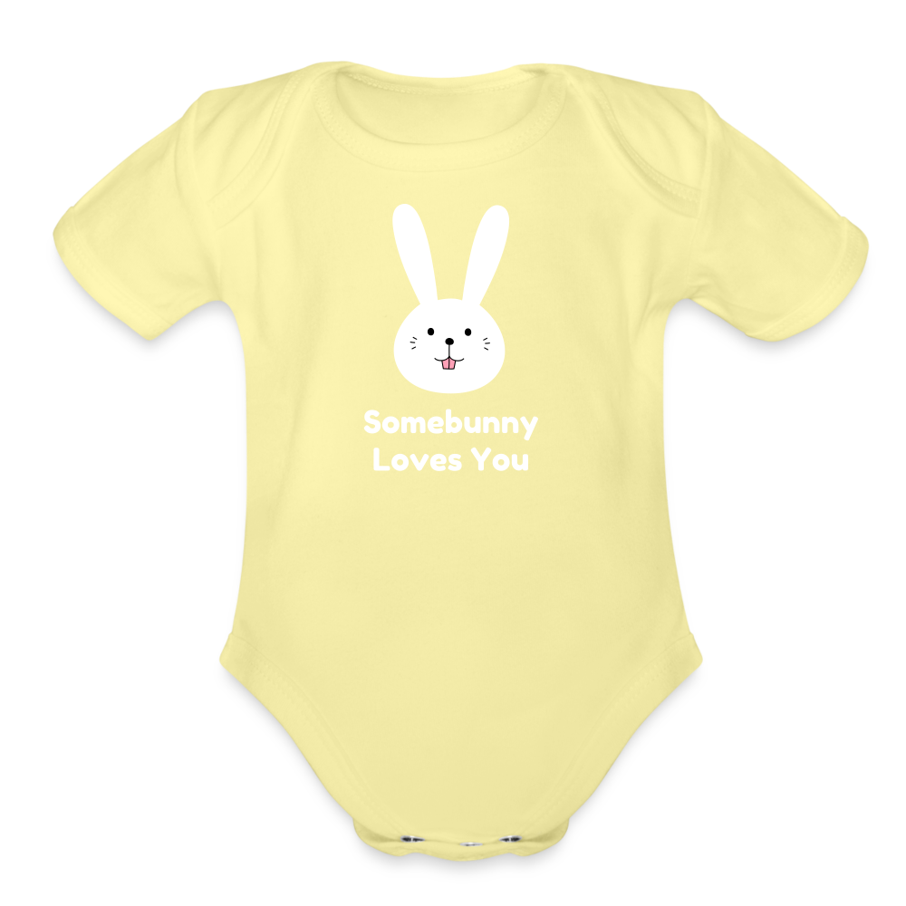 Somebunny Loves You Organic Short Sleeve Baby Bodysuit - washed yellow