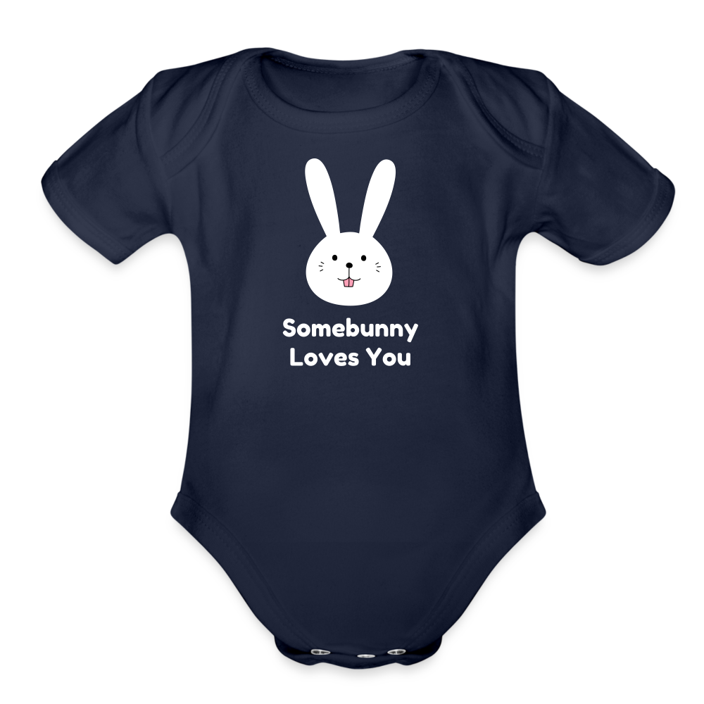 Somebunny Loves You Organic Short Sleeve Baby Bodysuit - dark navy